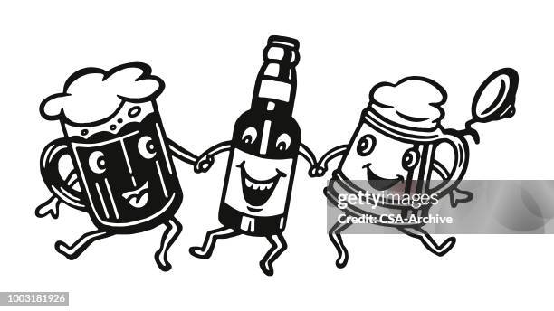 ilustraciones, imágenes clip art, dibujos animados e iconos de stock de tres personajes feliz cerveza - cariñoso