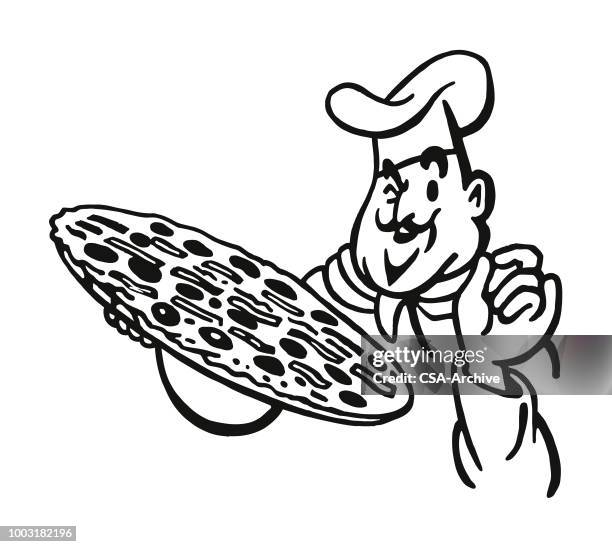 chef holding a pizza - pizzeria stock illustrations