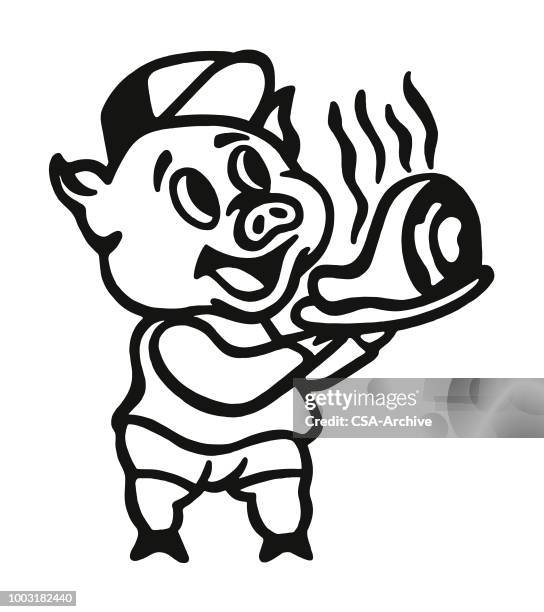 pig holding a plate of pork - roasted stock illustrations