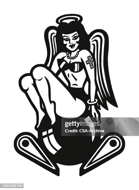 angel sitting on a pinball - pin up girl stock illustrations