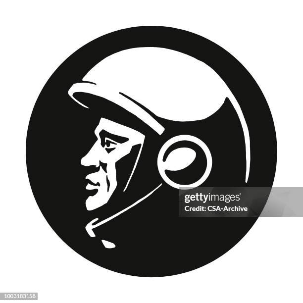 illustrazioni stock, clip art, cartoni animati e icone di tendenza di profilo di un uomo che indossa un casco - space helmet