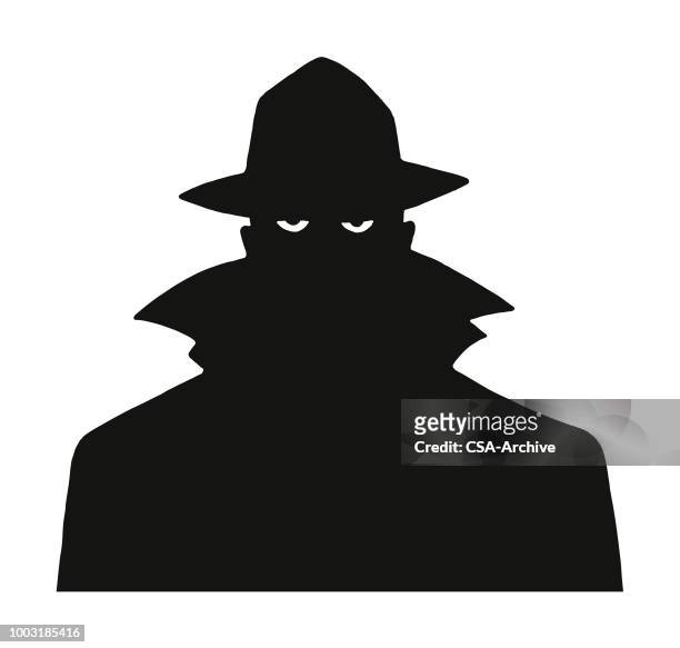 illustrazioni stock, clip art, cartoni animati e icone di tendenza di silhouette di un uomo in trench e cappello - sorveglianza