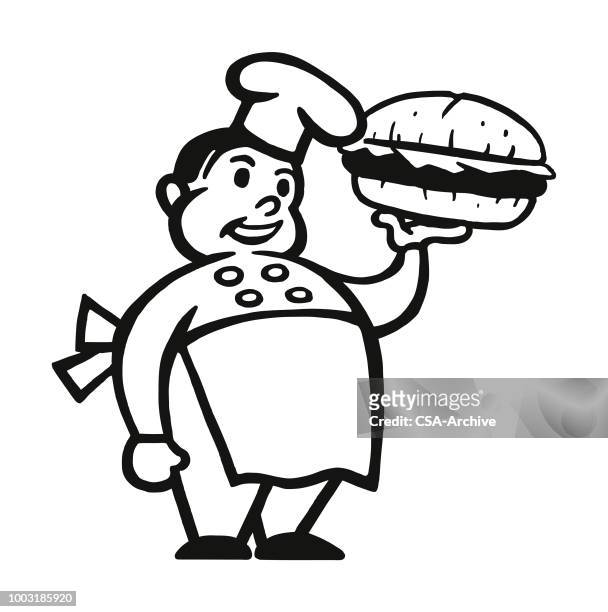 chef holding a hamburger - man holding a burger stock illustrations