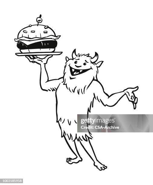 monster holding a hamburger - holding burger stock illustrations