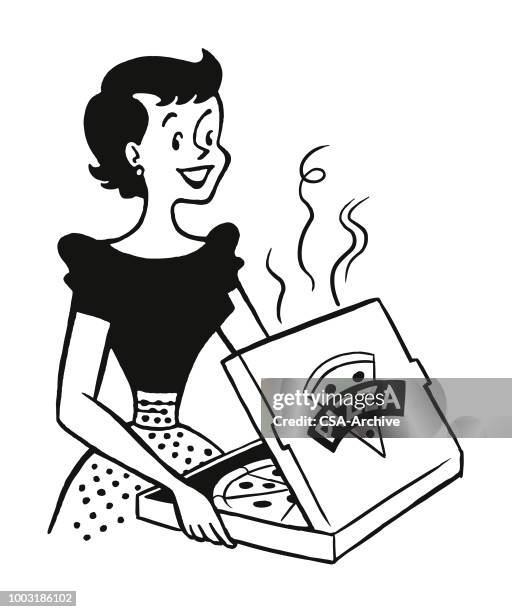 ilustrações de stock, clip art, desenhos animados e ícones de woman looking at a pizza in a box - pizza