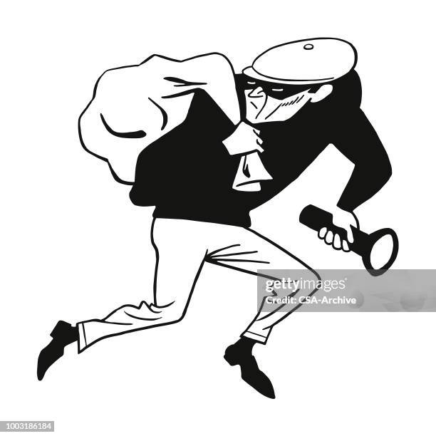 stockillustraties, clipart, cartoons en iconen met inbreker met zaklamp en plundering van goederen - dief