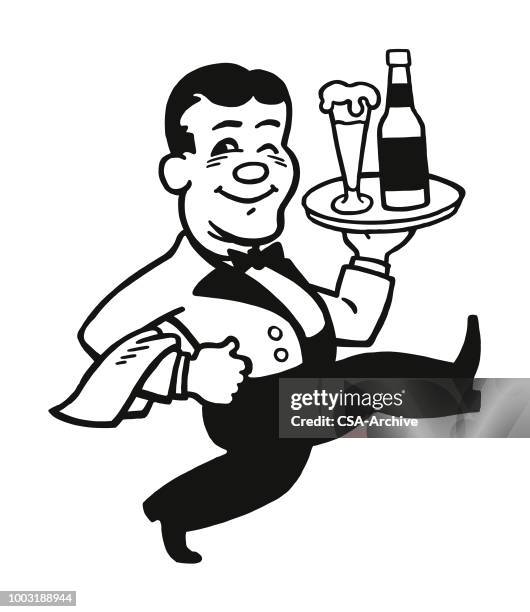 der kellner mit einem tablett mit getränken - bartender stock-grafiken, -clipart, -cartoons und -symbole