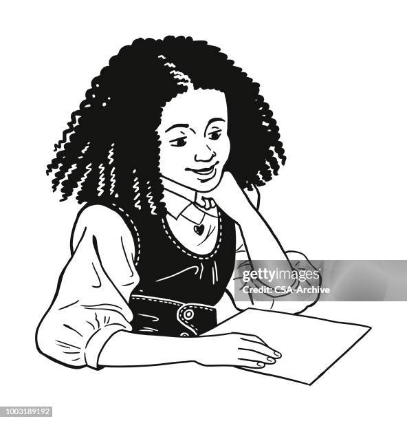 girl doing homework - kid thinking stock illustrations