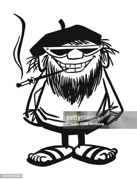 ilustraciones, imágenes clip art, dibujos animados e iconos de stock de beatnik fumando un cigarrillo - beatnik
