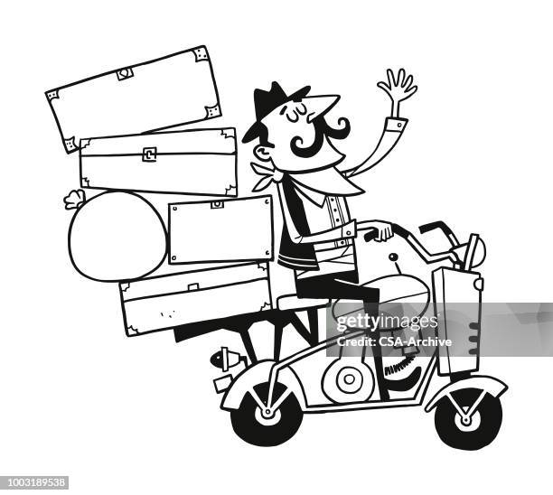 mann auf einem motorrad mit gepäck - moped stock-grafiken, -clipart, -cartoons und -symbole