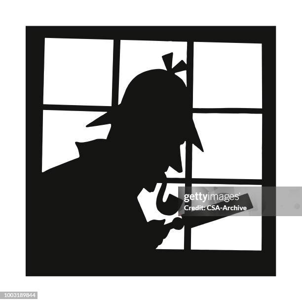 silhouette von einem detektiv - strafrechtliche ermittlungen stock-grafiken, -clipart, -cartoons und -symbole