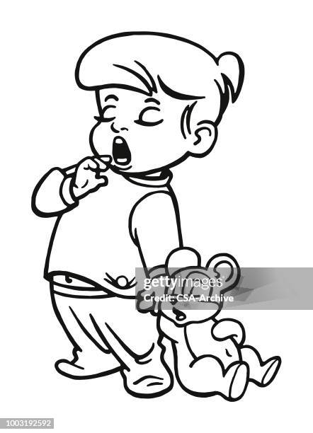 sleepy boy holding a teddy bear - yawning stock illustrations