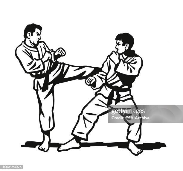 zwei männer üben karate - karate stock-grafiken, -clipart, -cartoons und -symbole