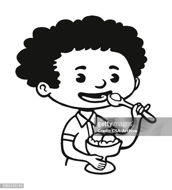 child eating an ice cream sundae - eating ice cream stock illustrations