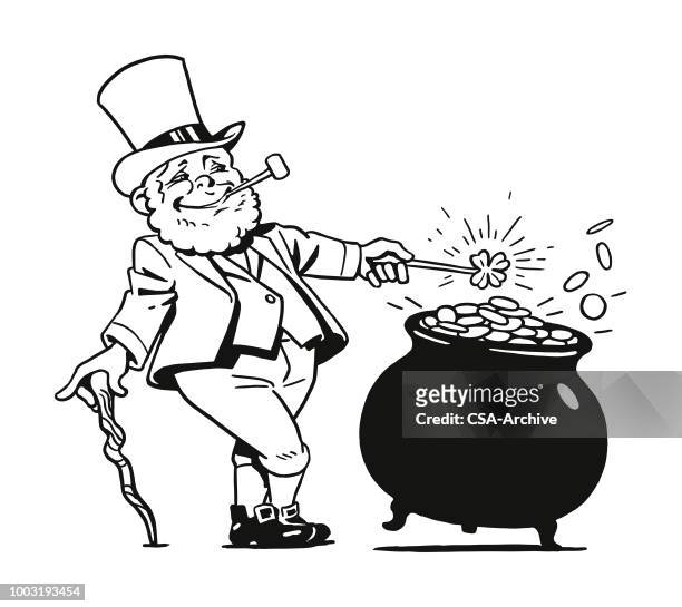 leprechaun with pot of gold - pennies from heaven stock illustrations