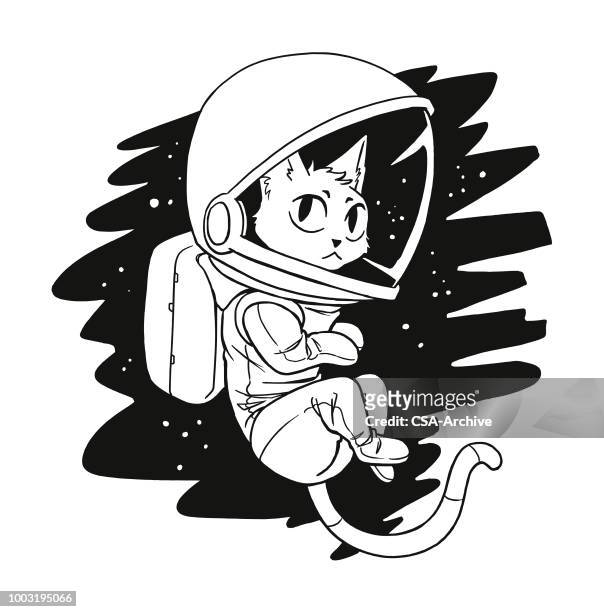 astronaut-katze - tiere schwarz weiss stock-grafiken, -clipart, -cartoons und -symbole