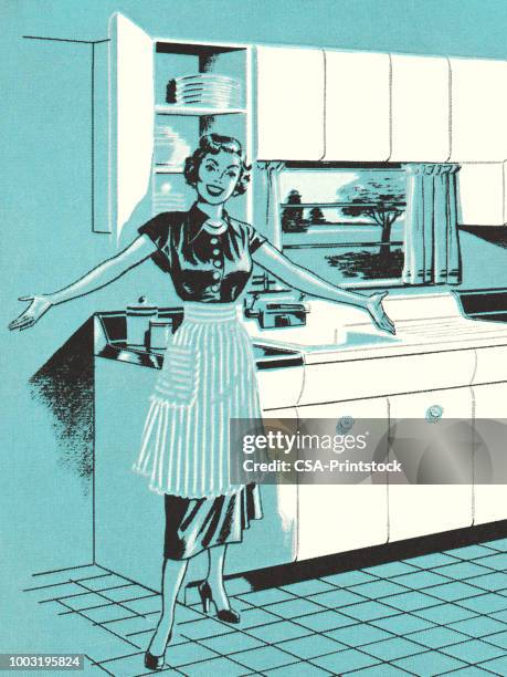 homemaker in the kitchen - woman apron stock illustrations