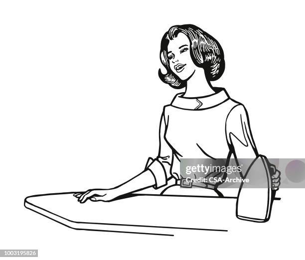 frau am bügelbrett - bügeleisen stock-grafiken, -clipart, -cartoons und -symbole