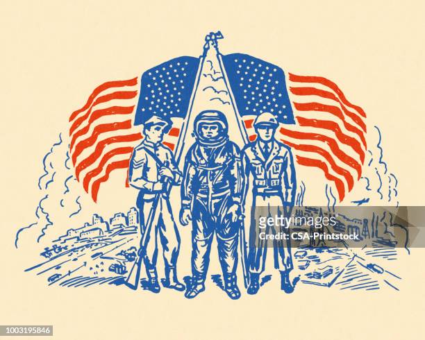 illustrazioni stock, clip art, cartoni animati e icone di tendenza di bandiere degli stati uniti e uomini patriottici - astronauta bandiera