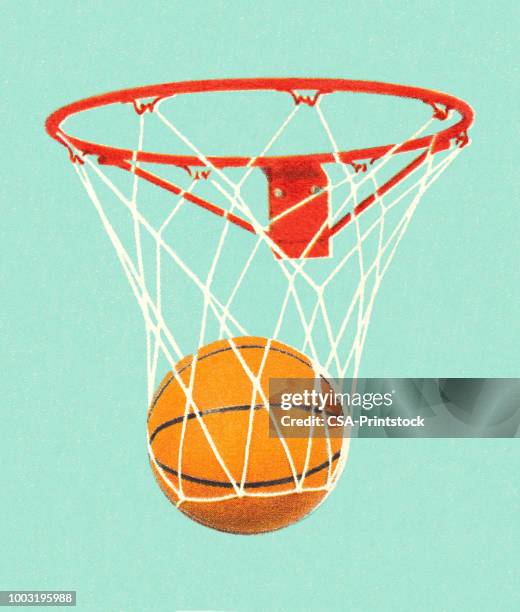 basketball in a basketball hoop - basketball hoop stock illustrations
