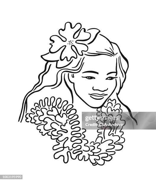 woman wearing a lei and a flower in hair - hawaiian flower garland stock illustrations