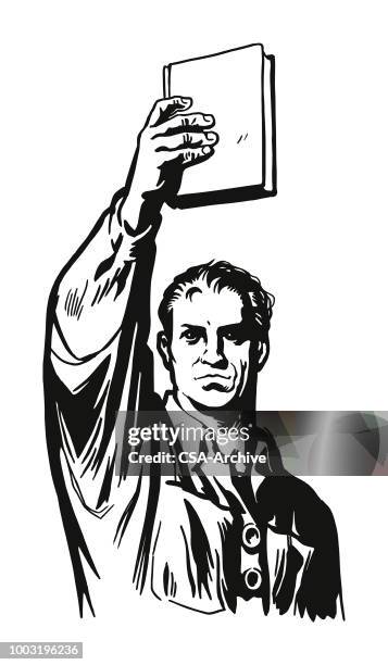 man holding up a book - face lifting stock illustrations