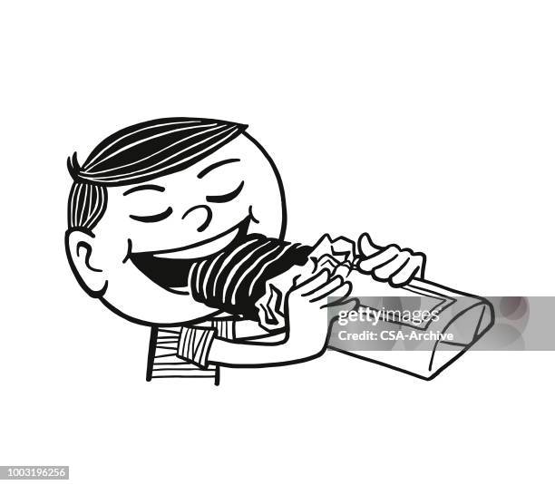 junge, einen schokoriegel essen - candy wrapper stock-grafiken, -clipart, -cartoons und -symbole