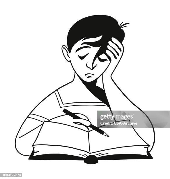 sad boy doing homework - teen reading stock illustrations