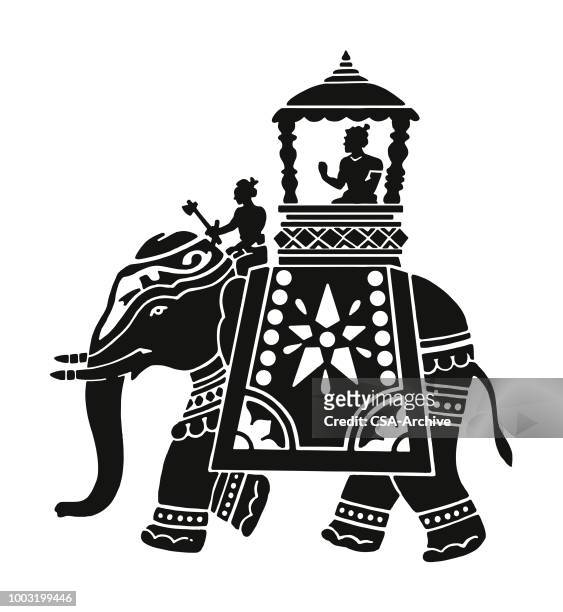 stockillustraties, clipart, cartoons en iconen met ingerichte olifant met rider in vervoer - animal trunk