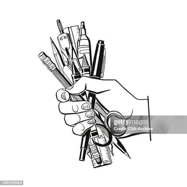hand holding writing utensils - holding pen in hand stock illustrations