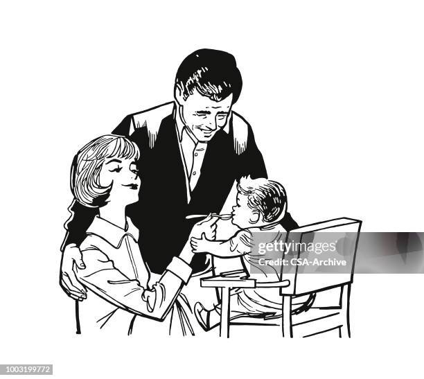 father and mother feeding a baby - family eating stock illustrations