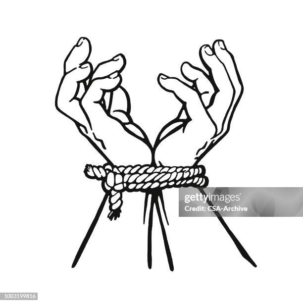 two hands bound together with rope - tying stock illustrations