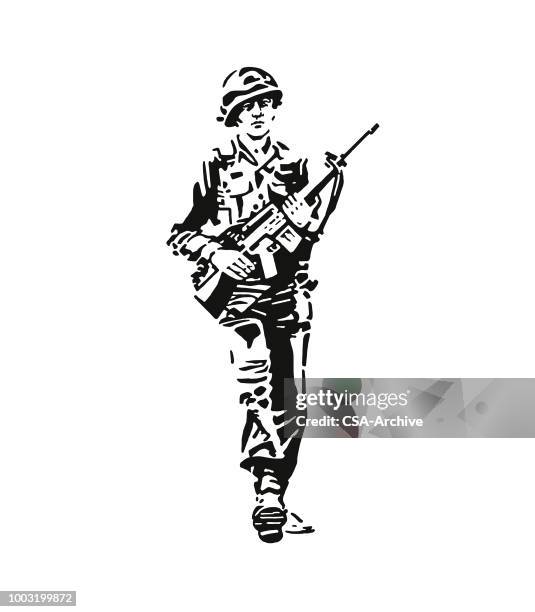 ilustraciones, imágenes clip art, dibujos animados e iconos de stock de soldado con un rifle - casco militar