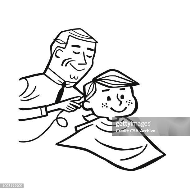 boy getting a haircut - man cutting hair stock illustrations