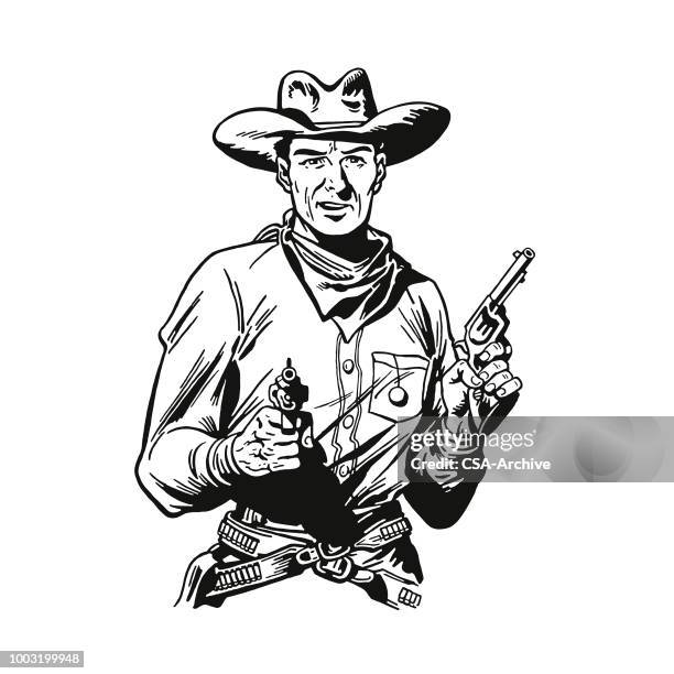 ilustraciones, imágenes clip art, dibujos animados e iconos de stock de vaquero con revólveres - weaponry