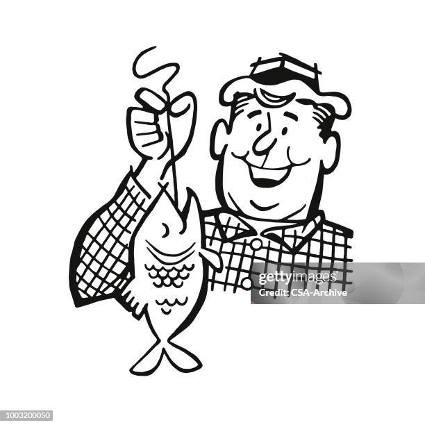 man holding a fish - fisherman portrait stock illustrations