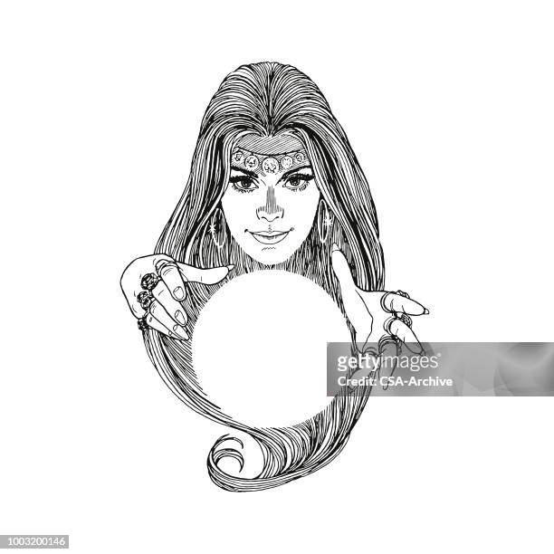 mysterious woman and crystal ball - fortune teller stock illustrations