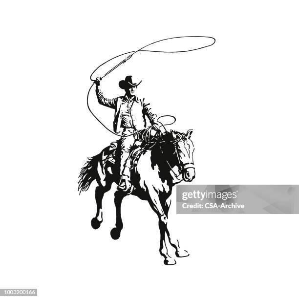 illustrazioni stock, clip art, cartoni animati e icone di tendenza di cowboy con un lazo a cavallo - cowboy
