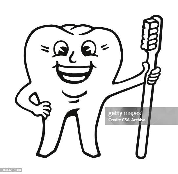 smiling molar holding a toothbrush - dentist archival stock illustrations