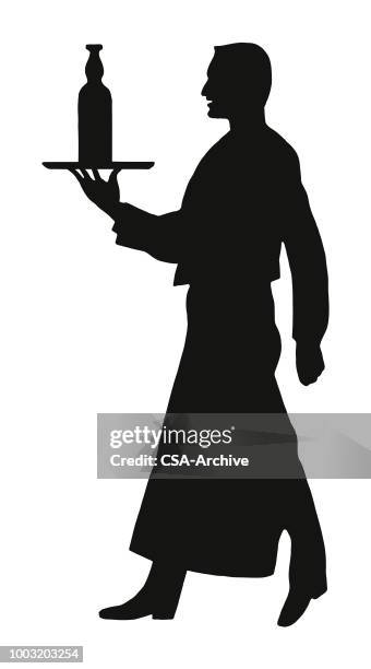 silhouette of a server carrying a tray - waiter stock illustrations