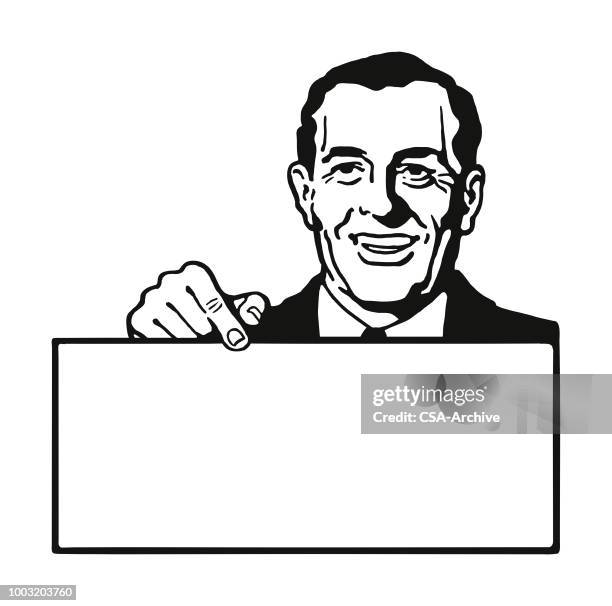 ilustrações, clipart, desenhos animados e ícones de homem, apontando para uma placa em branco - promotor de eventos