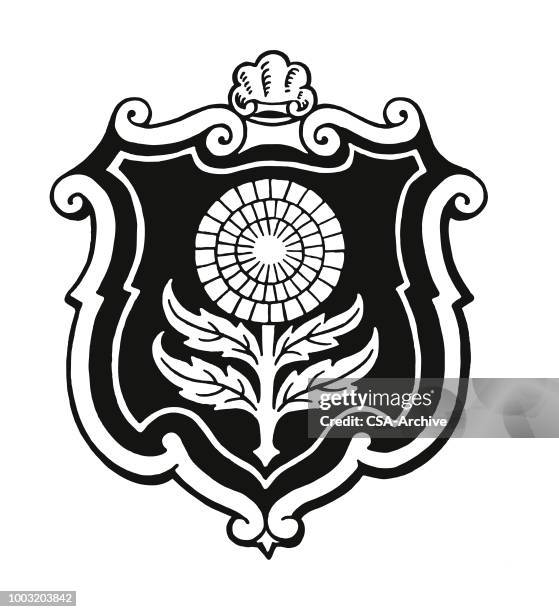 schild mit blume - coat of arms stock-grafiken, -clipart, -cartoons und -symbole