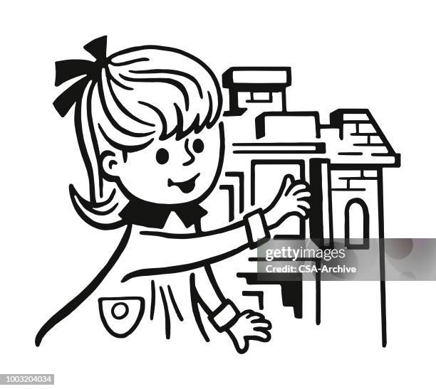 ilustrações de stock, clip art, desenhos animados e ícones de girl and dollhouse - doll house