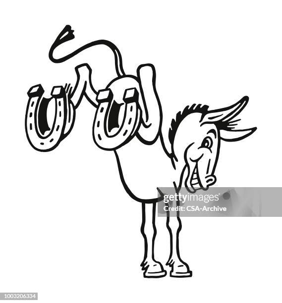 esel mit hufeisen treten - maskottchen stock-grafiken, -clipart, -cartoons und -symbole