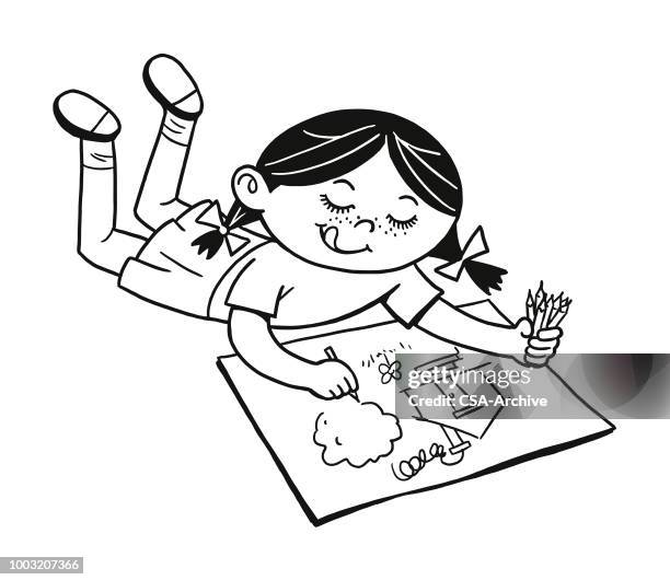 ilustraciones, imágenes clip art, dibujos animados e iconos de stock de girl drawing una imagen - colorear