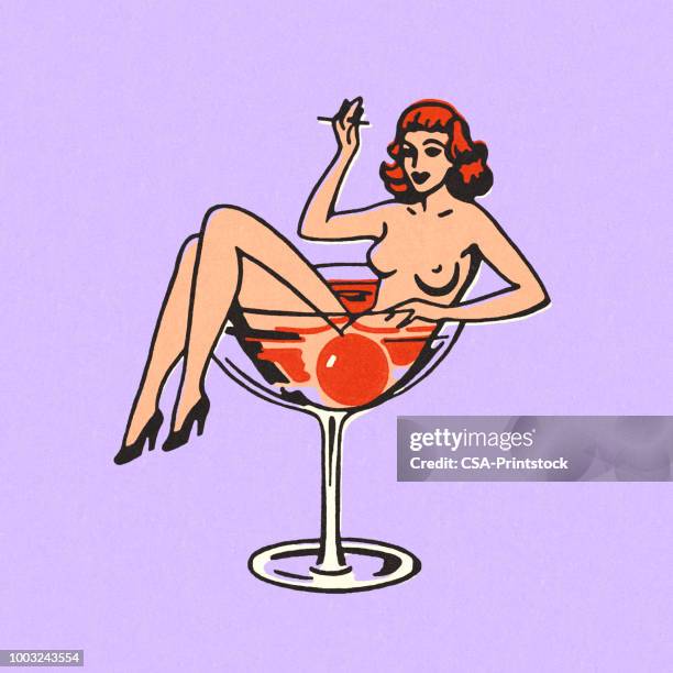 naked woman sitting in a cocktail glass - las vegas lounge stock illustrations