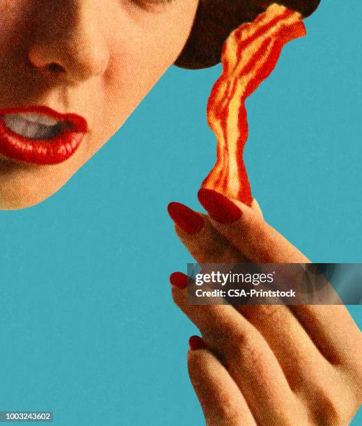 woman holding a piece of bacon - bacon bits stock illustrations