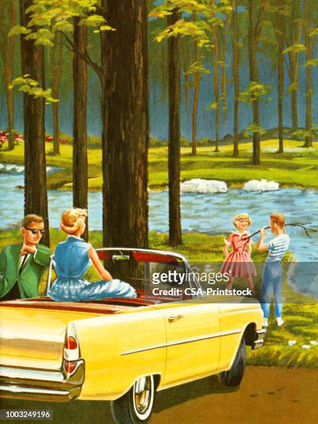 yellow convertible parked by a stream in the woods - family in the park stock illustrations
