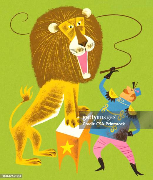 lion tamer und löwe - dompteur stock-grafiken, -clipart, -cartoons und -symbole
