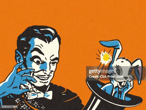 magician with a rabbit in a hat - magic trick stock illustrations